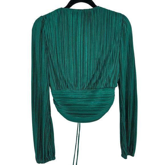 Lulus New! Green Satin Plisse Long Sleeve Blouse Ruched V-Neck Holidays Formal M - Picture 2 of 6